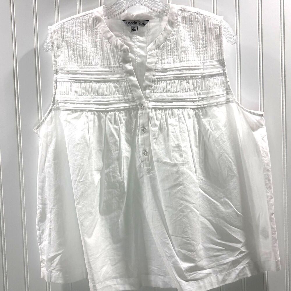 White Pintuck Sleeveless Cotton Blouse Boho Cottagecore Relaxed Fit M - Picture 3 of 7